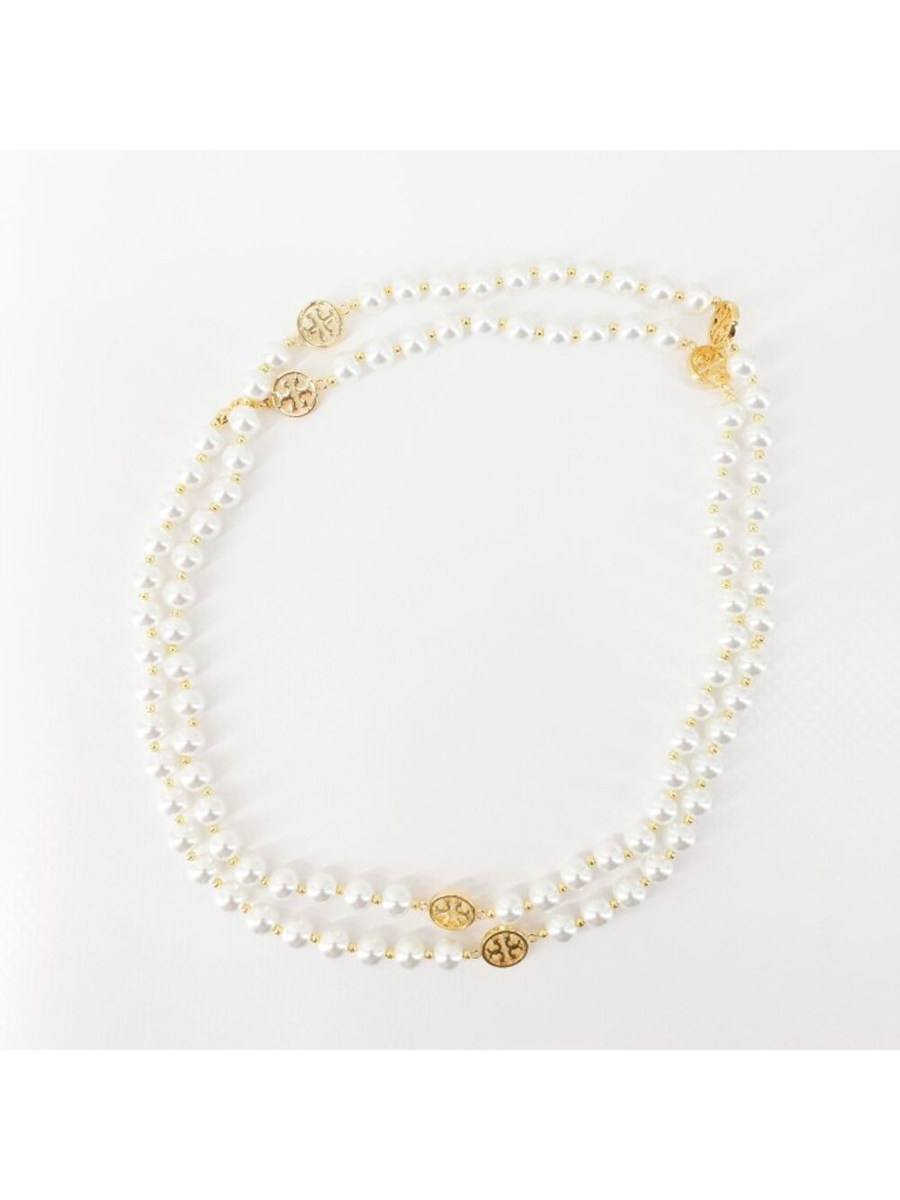 Tory Burch Gold Plated Beaded Long Pearl Station Chain Necklace Gold/ Ivory OS
